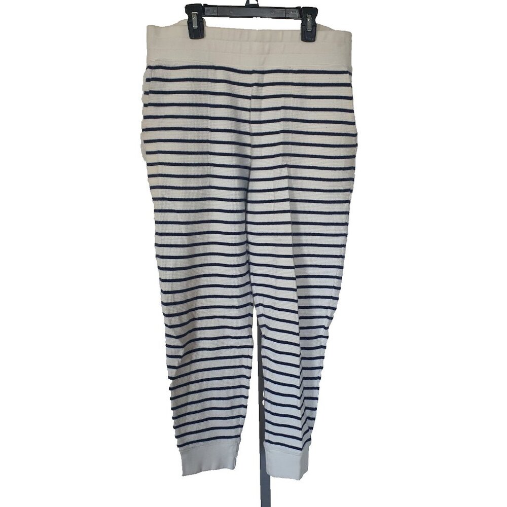 Lands End Womens M 10-12 Waffle Knit Jogger Pants‎ Navy Blue Striped Thermal